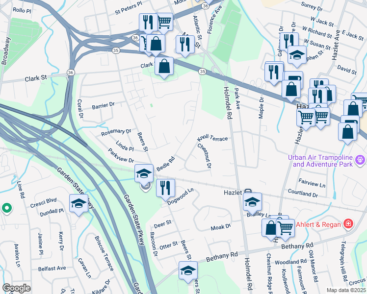 map of restaurants, bars, coffee shops, grocery stores, and more near 18 Bedle Road in Hazlet