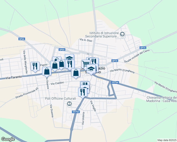 map of restaurants, bars, coffee shops, grocery stores, and more near 57 Via Vittorio Emanuele III in San Pancrazio Salentino