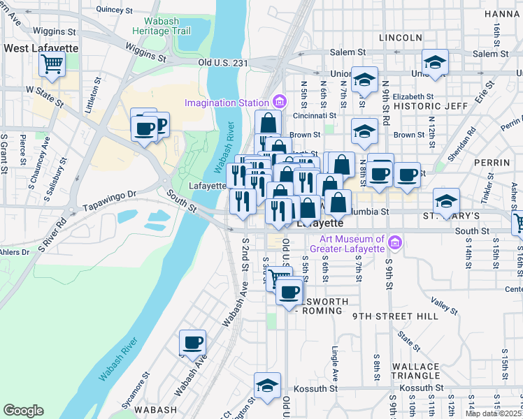 map of restaurants, bars, coffee shops, grocery stores, and more near 219 Main Street in Lafayette