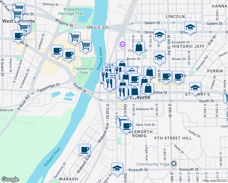 map of restaurants, bars, coffee shops, grocery stores, and more near 219 Main Street in Lafayette