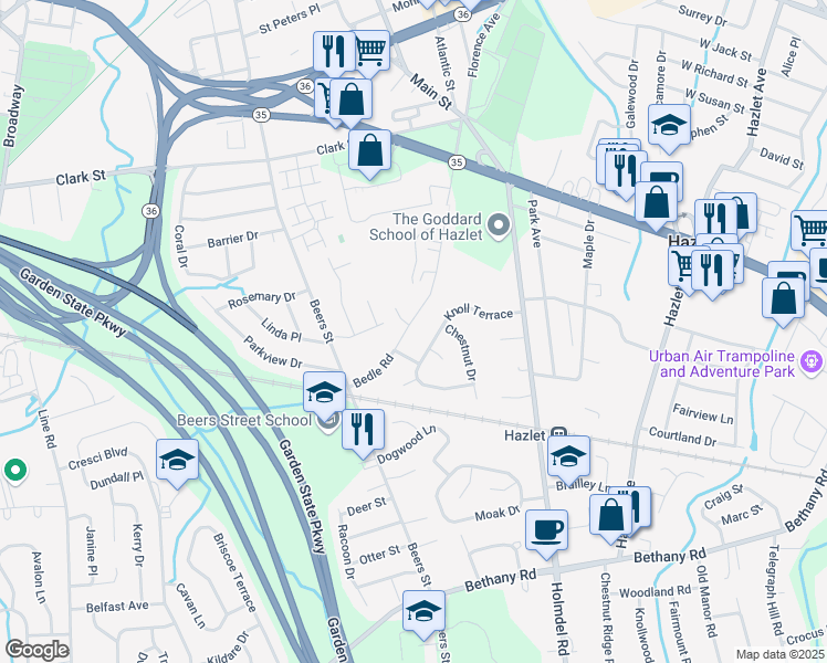map of restaurants, bars, coffee shops, grocery stores, and more near 18 Bedle Road in Hazlet