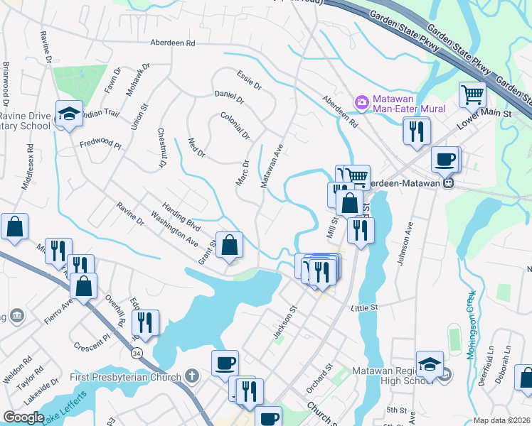 map of restaurants, bars, coffee shops, grocery stores, and more near 250 Matawan Avenue in Matawan