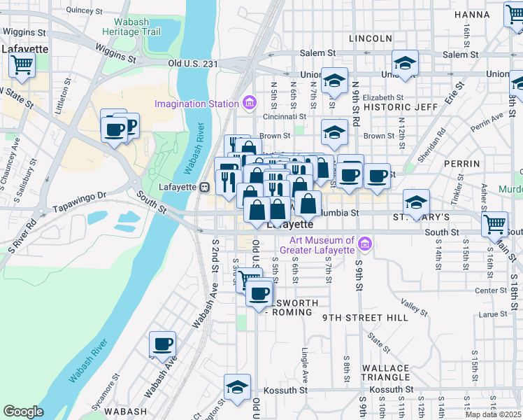map of restaurants, bars, coffee shops, grocery stores, and more near in Lafayette