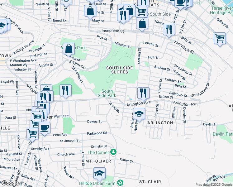 map of restaurants, bars, coffee shops, grocery stores, and more near 2104 Salisbury Street in Pittsburgh