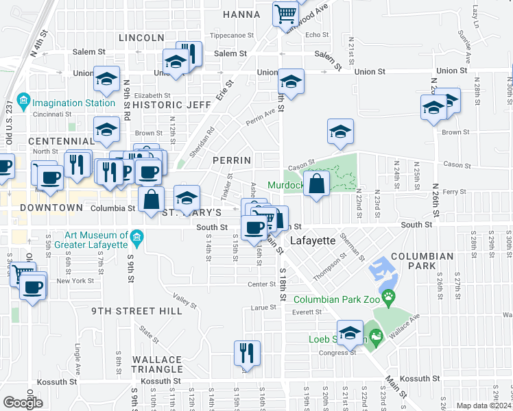 map of restaurants, bars, coffee shops, grocery stores, and more near 103 Asher Street in Lafayette