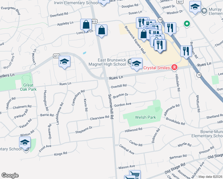 map of restaurants, bars, coffee shops, grocery stores, and more near 292 Summerhill Road in East Brunswick