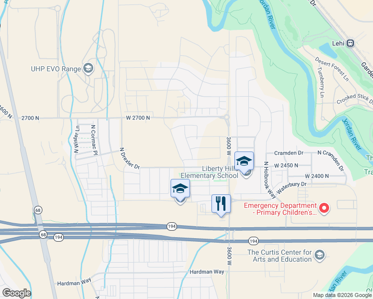 map of restaurants, bars, coffee shops, grocery stores, and more near 3733 2600 North in Lehi