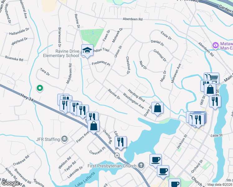 map of restaurants, bars, coffee shops, grocery stores, and more near 101 Ravine Drive in Matawan