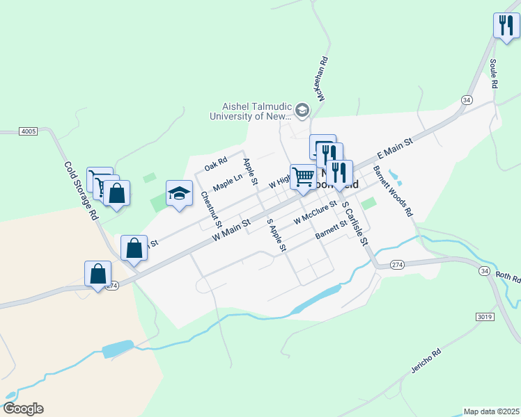 map of restaurants, bars, coffee shops, grocery stores, and more near 17 Apple Street in New Bloomfield