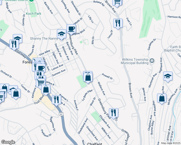 map of restaurants, bars, coffee shops, grocery stores, and more near 4295 Greensburg Pike in Pittsburgh