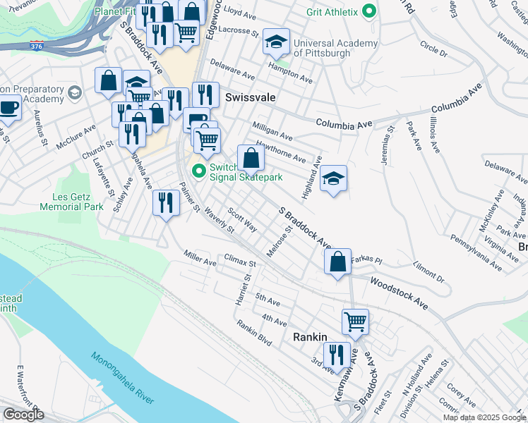 map of restaurants, bars, coffee shops, grocery stores, and more near 2306 South Braddock Avenue in Pittsburgh