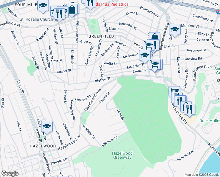 map of restaurants, bars, coffee shops, grocery stores, and more near 636 Hazelwood Avenue in Pittsburgh
