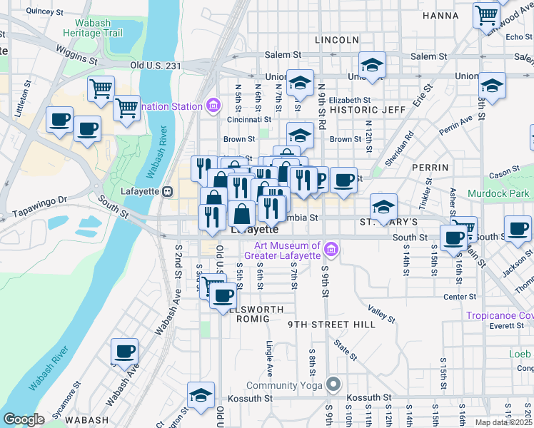 map of restaurants, bars, coffee shops, grocery stores, and more near 217 North 6th Street in Lafayette