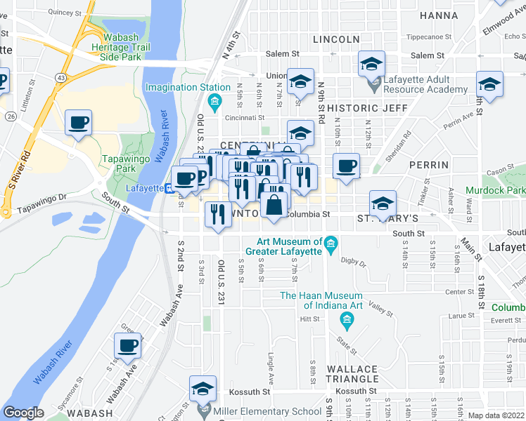 map of restaurants, bars, coffee shops, grocery stores, and more near 217 North 6th Street in Lafayette