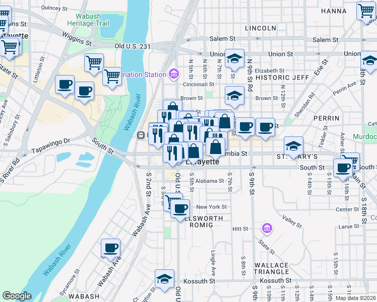 map of restaurants, bars, coffee shops, grocery stores, and more near in Lafayette