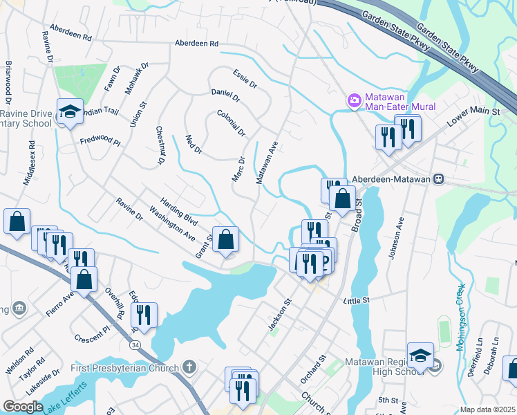 map of restaurants, bars, coffee shops, grocery stores, and more near 250 Matawan Avenue in Matawan