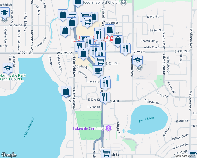 map of restaurants, bars, coffee shops, grocery stores, and more near 2525 North Lincoln Avenue in Loveland
