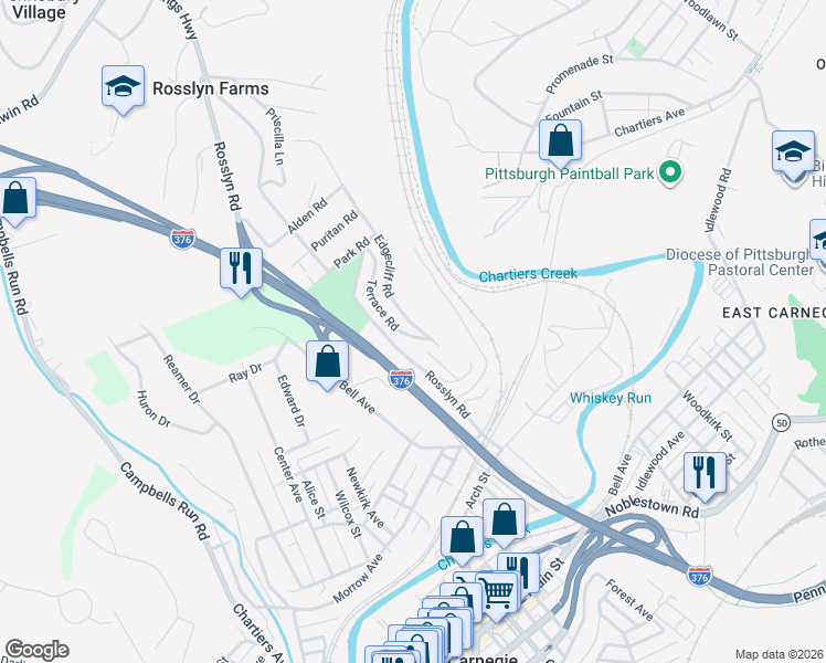 map of restaurants, bars, coffee shops, grocery stores, and more near 20 Edgecliff Road in Carnegie