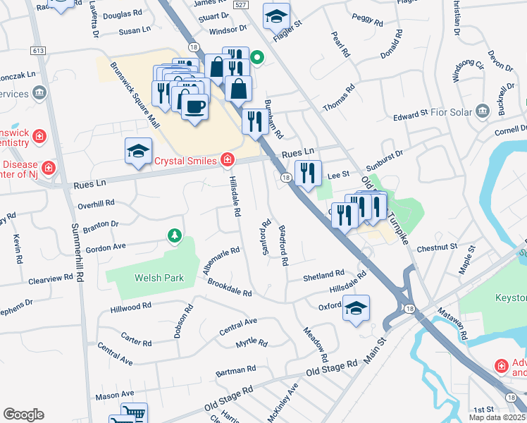 map of restaurants, bars, coffee shops, grocery stores, and more near 19 Sheridan Avenue in East Brunswick