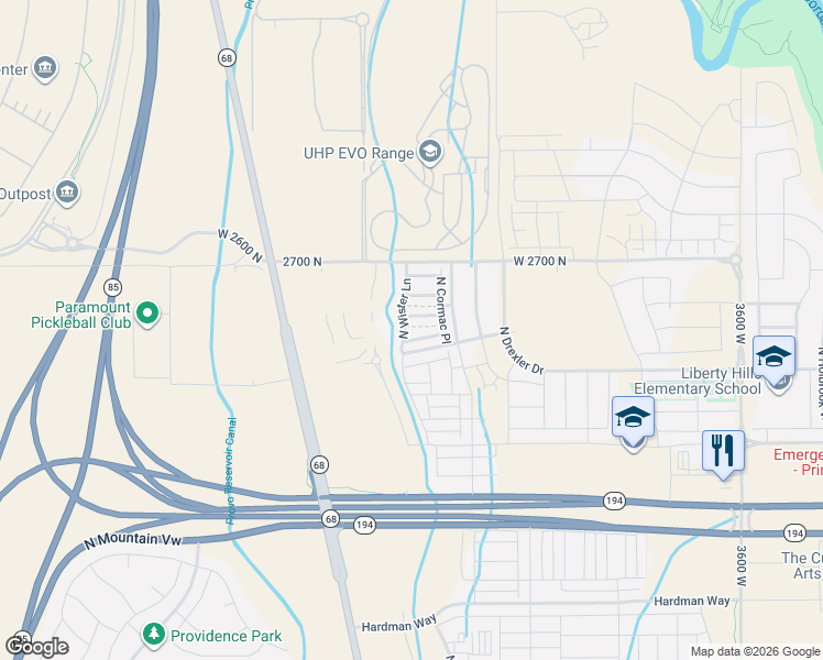 map of restaurants, bars, coffee shops, grocery stores, and more near 2520 North Wister Lane in Lehi
