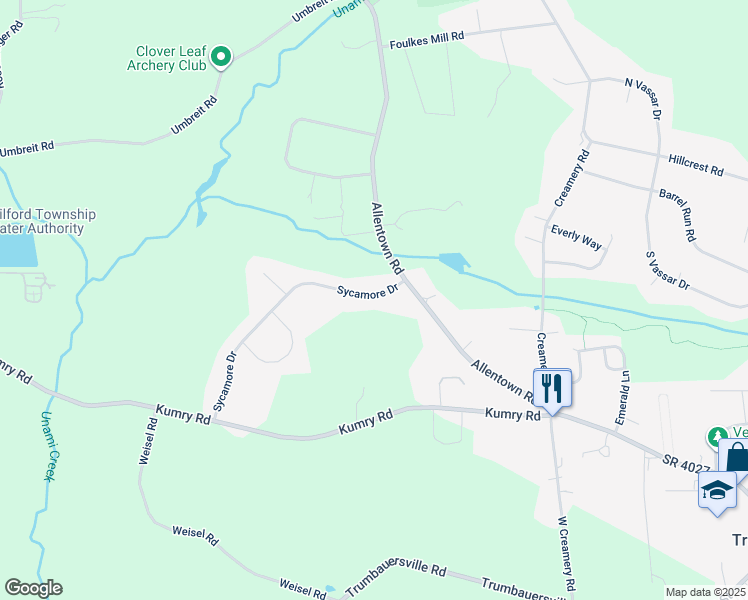 map of restaurants, bars, coffee shops, grocery stores, and more near 1801 Sycamore Drive in Quakertown