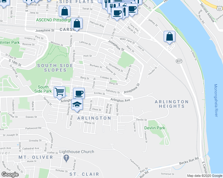 map of restaurants, bars, coffee shops, grocery stores, and more near 2833 Patterson Street in Pittsburgh