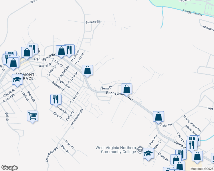 map of restaurants, bars, coffee shops, grocery stores, and more near 95 Serra Drive in Weirton