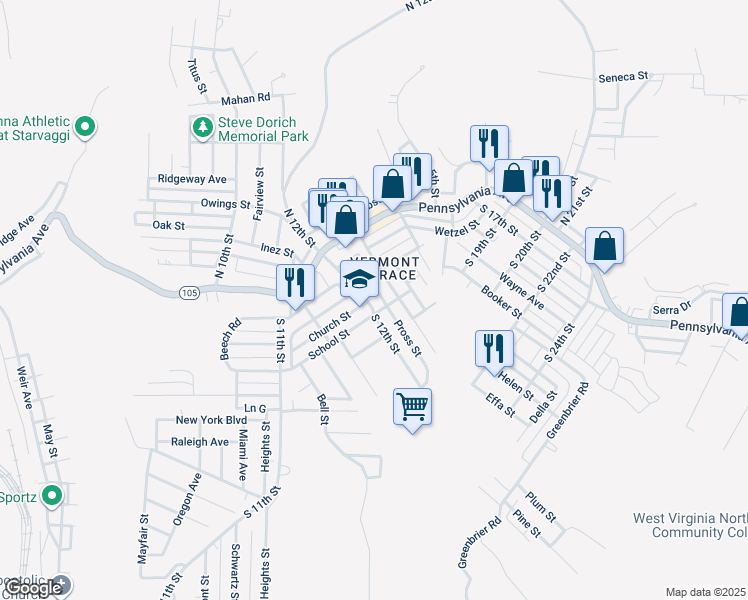 map of restaurants, bars, coffee shops, grocery stores, and more near 141 South 12th Street in Weirton