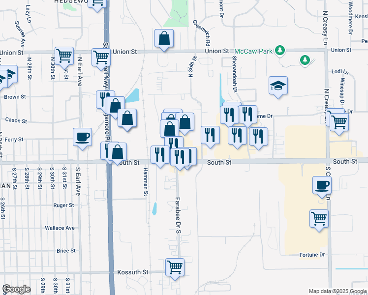 map of restaurants, bars, coffee shops, grocery stores, and more near 127 Farabee Drive North in Lafayette