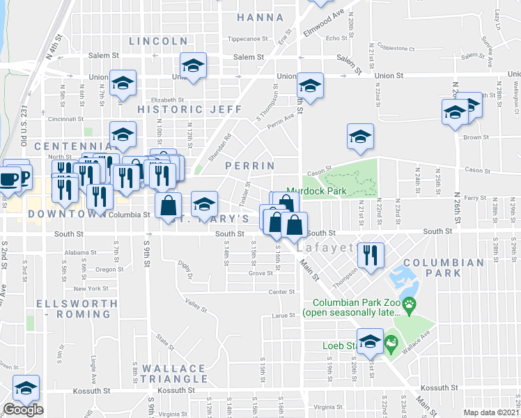 map of restaurants, bars, coffee shops, grocery stores, and more near 1511 Ferry Street in Lafayette