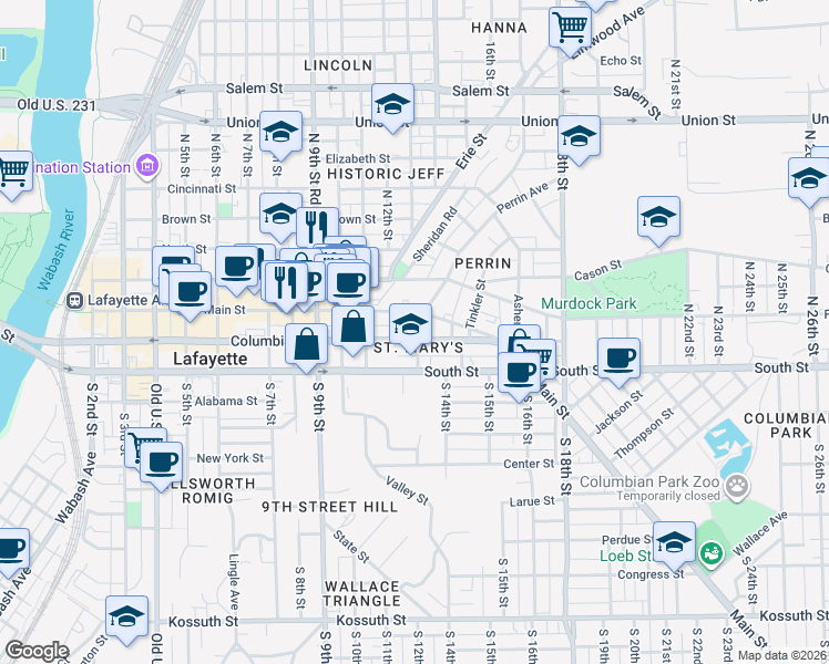 map of restaurants, bars, coffee shops, grocery stores, and more near 1217 Main Street in Lafayette