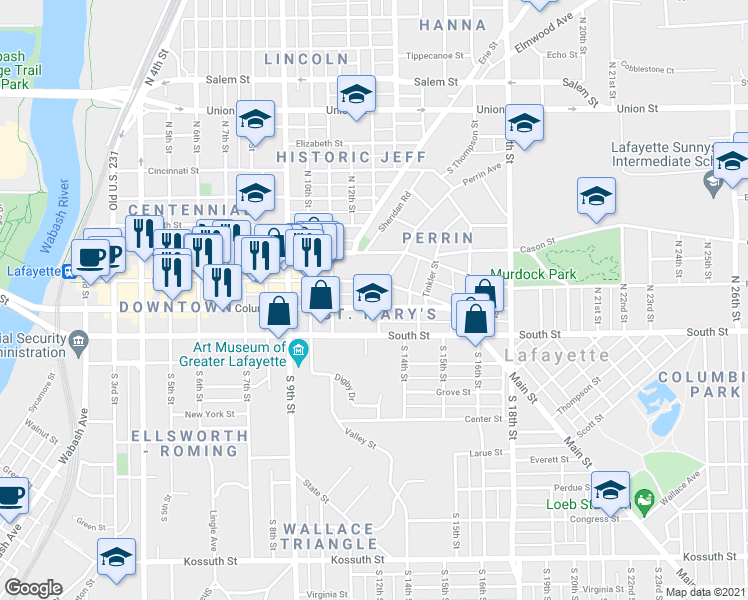 map of restaurants, bars, coffee shops, grocery stores, and more near 1217 Main Street in Lafayette