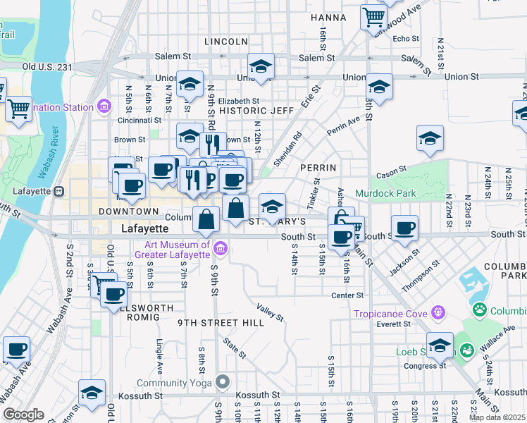 map of restaurants, bars, coffee shops, grocery stores, and more near 1217 Main Street in Lafayette