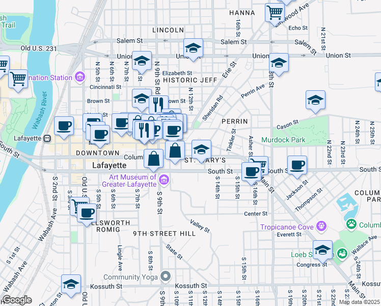 map of restaurants, bars, coffee shops, grocery stores, and more near 1109 Main Street in Lafayette