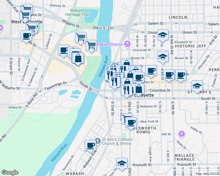 map of restaurants, bars, coffee shops, grocery stores, and more near 200 North 2nd Street in Lafayette