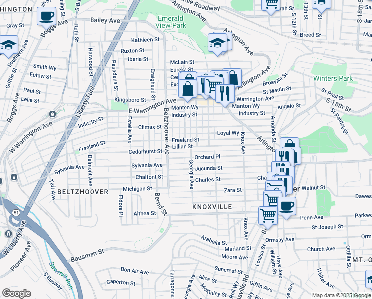 map of restaurants, bars, coffee shops, grocery stores, and more near 640 Lillian Street in Pittsburgh
