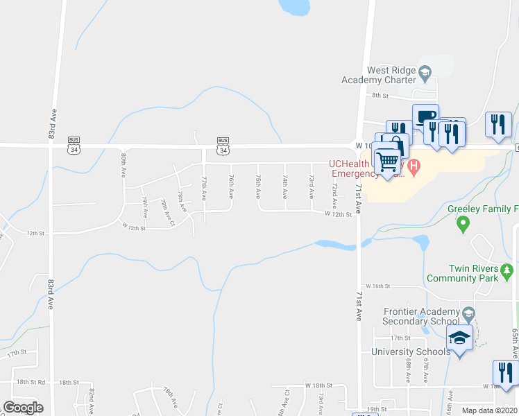 map of restaurants, bars, coffee shops, grocery stores, and more near 2109 75th Avenue in Greeley