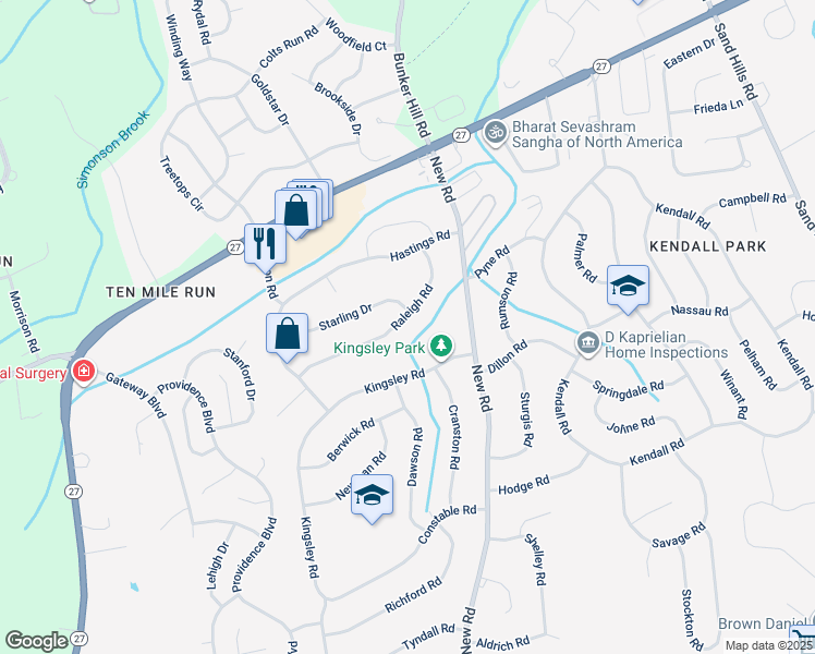 map of restaurants, bars, coffee shops, grocery stores, and more near 20 Raleigh Road in South Brunswick Township