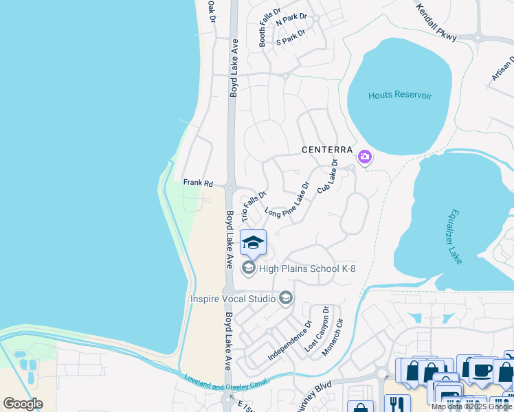 map of restaurants, bars, coffee shops, grocery stores, and more near 2586 Trio Falls Drive in Loveland