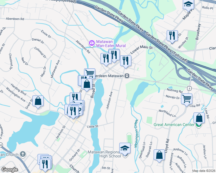 map of restaurants, bars, coffee shops, grocery stores, and more near 2 Johnson Avenue in Matawan