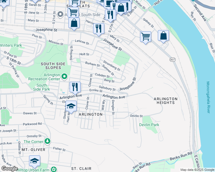 map of restaurants, bars, coffee shops, grocery stores, and more near 2833 Patterson Street in Pittsburgh