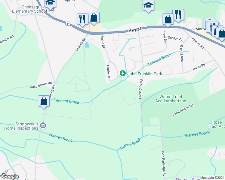 map of restaurants, bars, coffee shops, grocery stores, and more near 20 Carrie Drive in Matawan