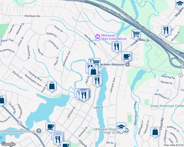 map of restaurants, bars, coffee shops, grocery stores, and more near 55 Main Street in Matawan