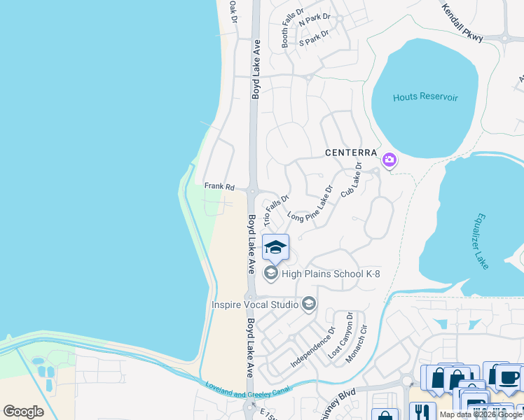 map of restaurants, bars, coffee shops, grocery stores, and more near 2565 Trio Falls Drive in Loveland
