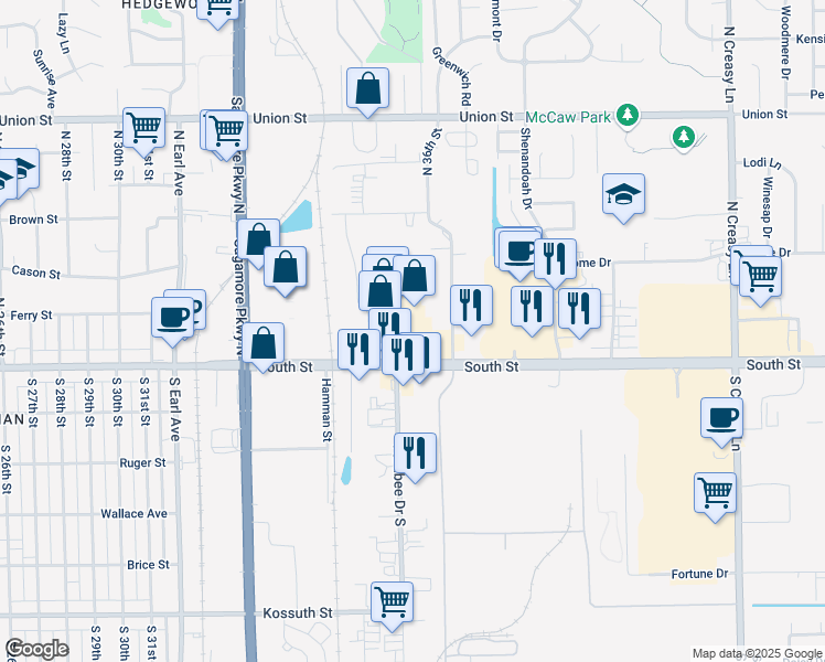 map of restaurants, bars, coffee shops, grocery stores, and more near 115 Farabee Drive North in Lafayette