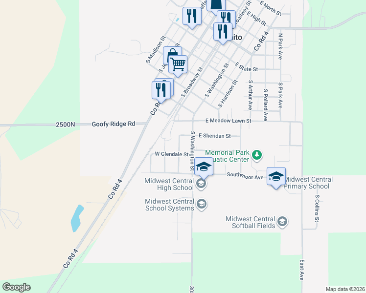 map of restaurants, bars, coffee shops, grocery stores, and more near 701-799 Meadow Lane in Manito