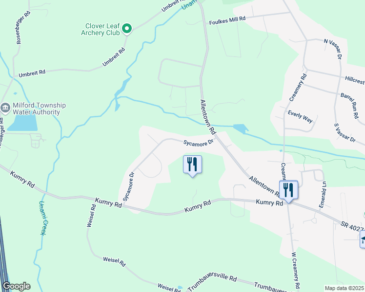 map of restaurants, bars, coffee shops, grocery stores, and more near 1817 Sycamore Drive in Quakertown