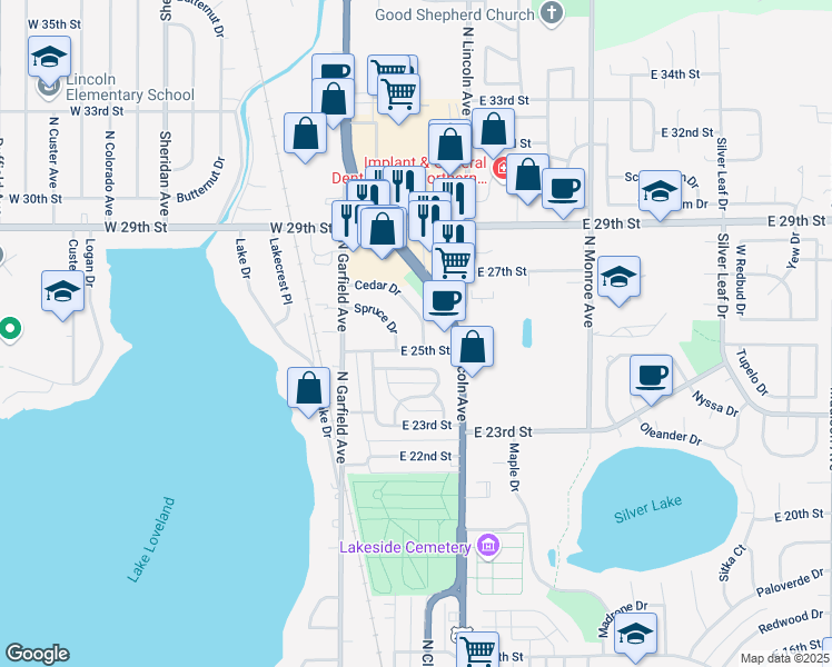 map of restaurants, bars, coffee shops, grocery stores, and more near 2509 Cedar Drive in Loveland