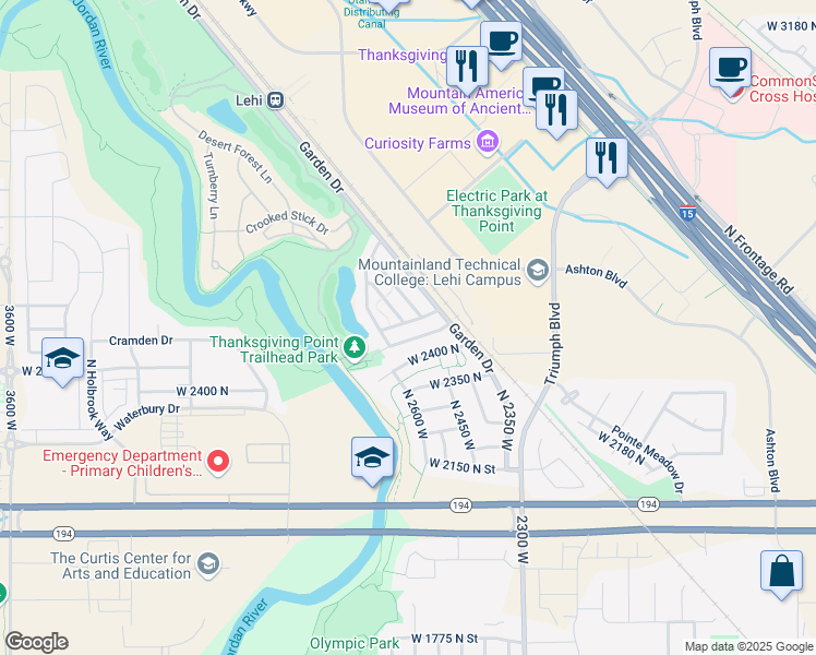map of restaurants, bars, coffee shops, grocery stores, and more near 2505 North Elm Drive in Lehi