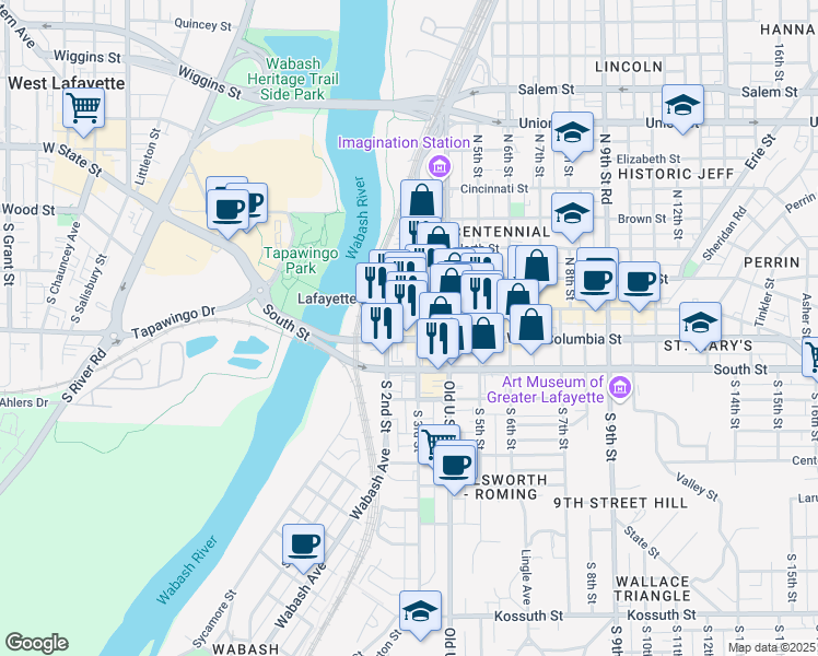 map of restaurants, bars, coffee shops, grocery stores, and more near 102 North 3rd Street in Lafayette